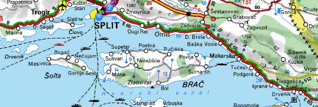 Ferry map Split Supetar Hvar Croatia
